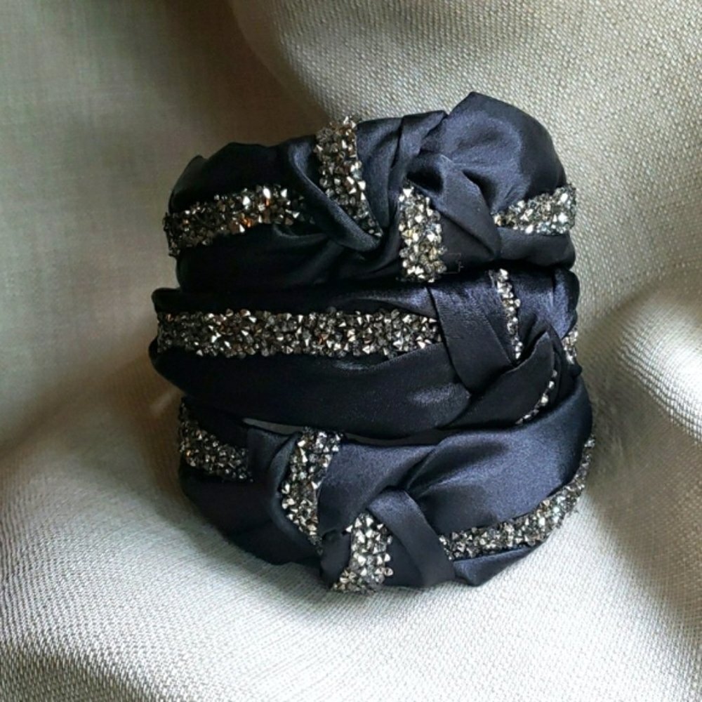New Satin Black Knot Headband wit Grey Crystals